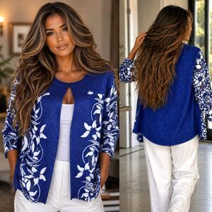 European Summer Berek Artisan Blue XL Coastal Floral Lace Cutout Textured Blazer